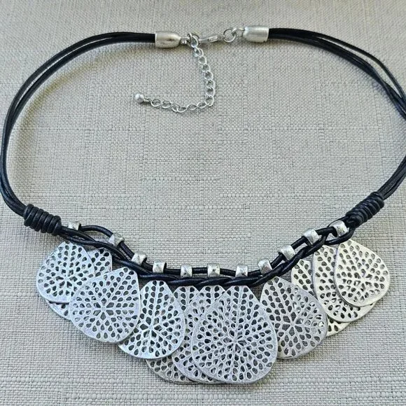 Women Necklace Silver Tone Heart Shape Coin Pendant Fashion Jewelry Black Cord - Picture 2 of 6